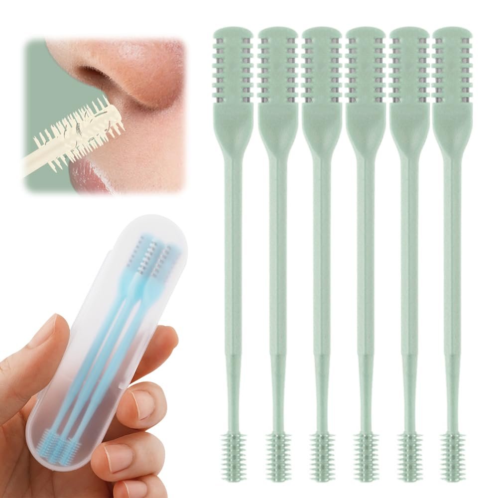 2-in-1 Nasal Hair Cutter, 2025 Upgrade 360 Rotating Nose Hair Trimmer with Double-Sided Blade & Ear Pick, Manual Nostril Hair Removal Tool for Men and Women, Soft Cleaning Brush (Green, 6PCS)
