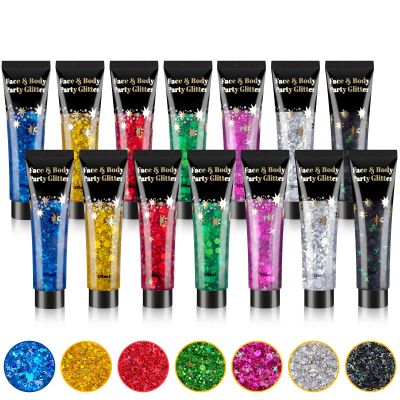 AROIC Face Glitter, 14Pcs Mardi Gras Accessories, Body & Hair Glitter Gel Sparkle Makeup for Women Party Rave Outfits, Concerts Festival Face PaintRave Accessories Music Festivals Black Light Party