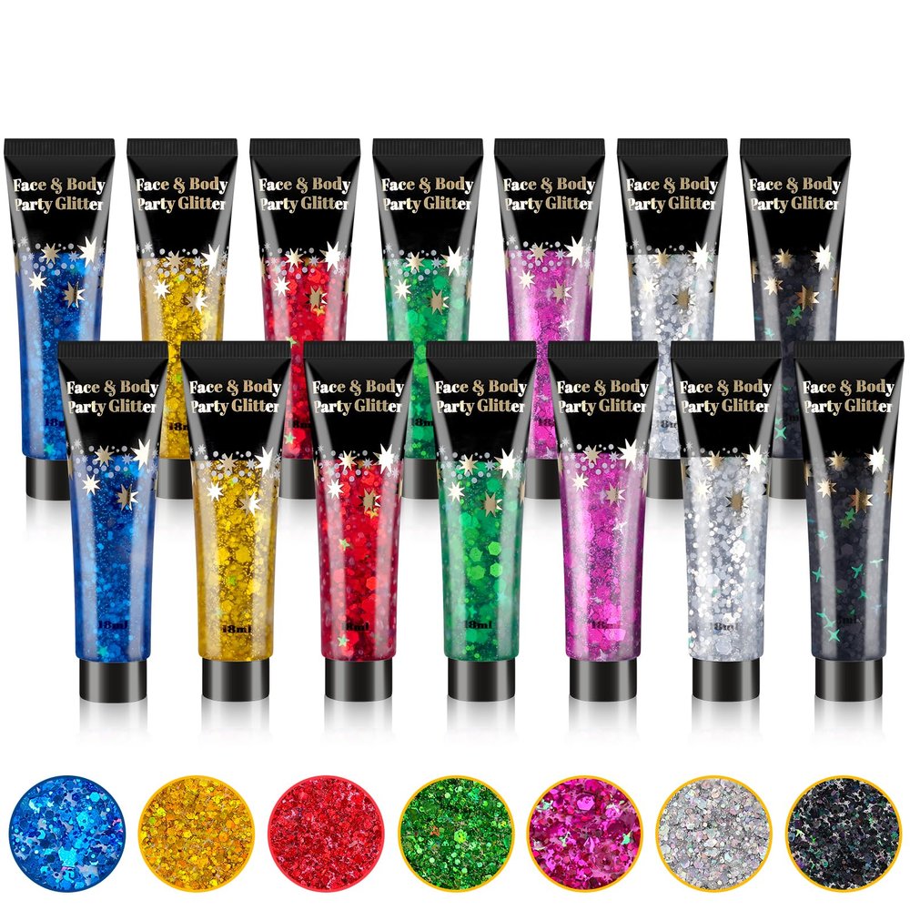 AROIC Face Glitter, 14Pcs Mardi Gras Accessories, Body & Hair Glitter Gel Sparkle Makeup for Women Party Rave Outfits, Concerts Festival Face PaintRave Accessories Music Festivals Black Light Party
