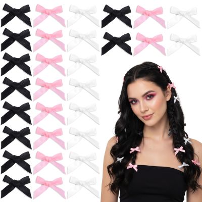 30 Pcs Bow Hair Clips, Cute Bowknot Hair Clip, Mini Hair-Bows Clips for Women, 3 Colors Mini Hair-Bows, Satin Bowknot Accessories, Metal Y2k Hair-Accessories for Women Girls (Black Pink White)