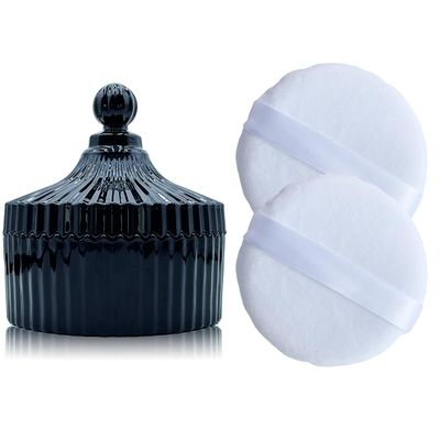 2 Pack Extra Large 5.2" White Powder Puffs and 5.3" Glass Container  Oversized Soft Body & Face Large Powder Puff Dusting Powder Jar Holder Case(Black Glass)