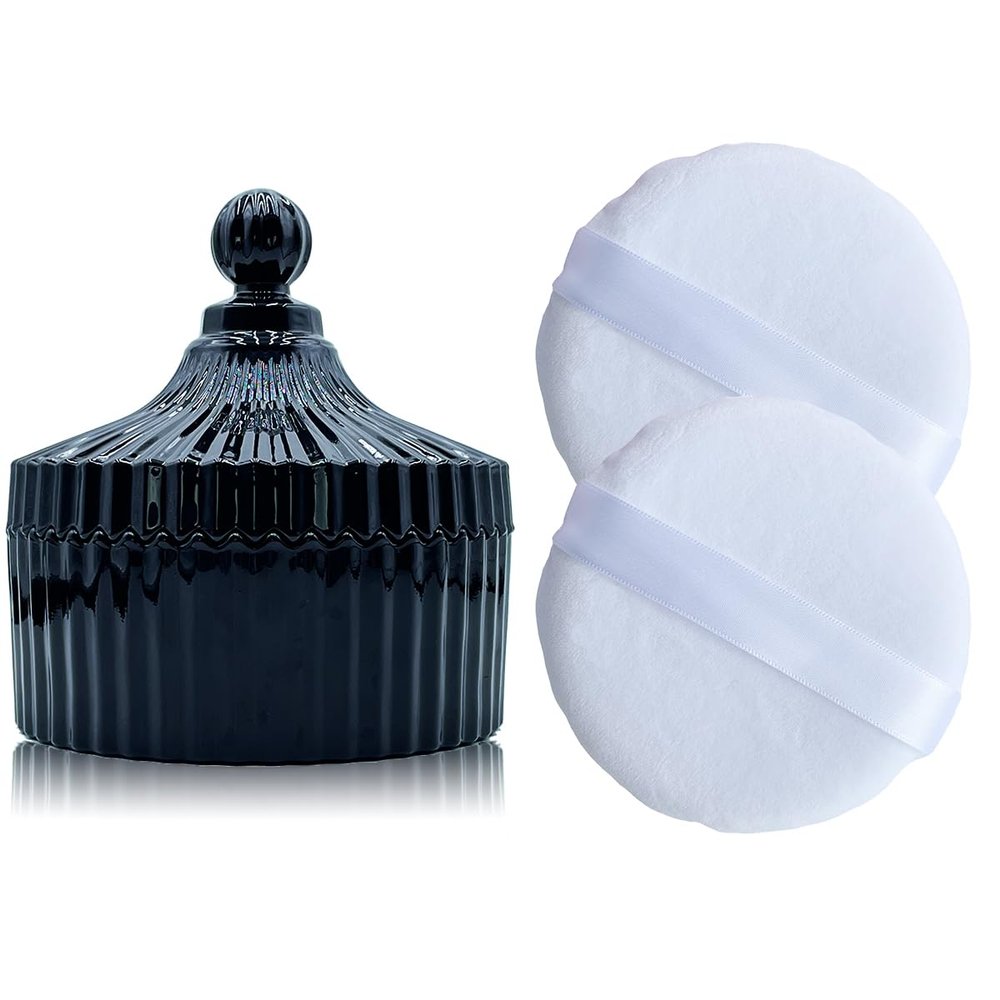 2 Pack Extra Large 5.2" White Powder Puffs and 5.3" Glass Container  Oversized Soft Body & Face Large Powder Puff Dusting Powder Jar Holder Case(Black Glass)