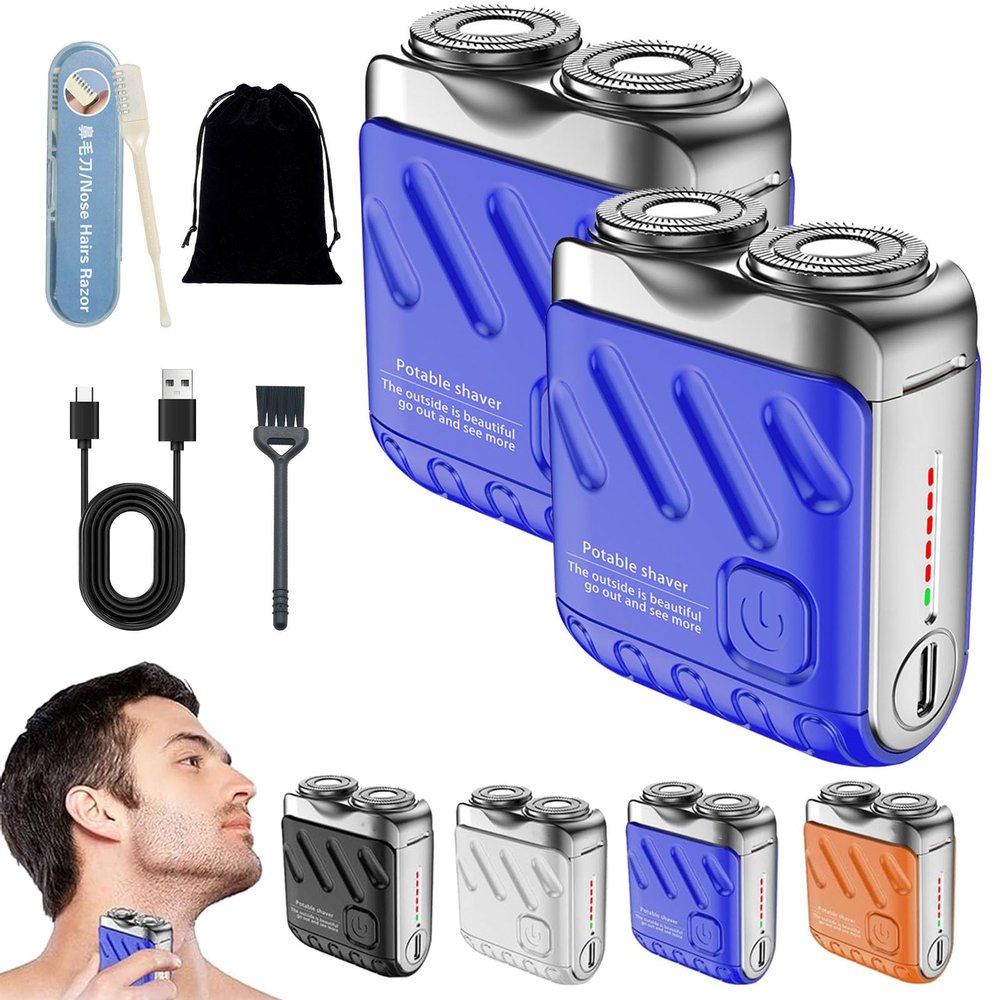 Mini Shaver, Small Steel Cannon Suspended Magnetic Blade Shaver, Mini Electric Explosive Shavers for Men, Waterproof, USB Fast Charging, Compact Travel Size (2PCS-Blue)
