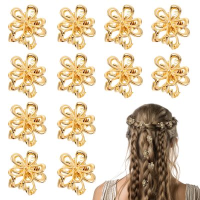 12 Pack Small Gold Flower Hair Clips for Women Girls, Mini Pearl Claw Clips with Flower Design, Small Hair Clip with Sparkling Floral Design, Mini Christmas Holiday Gift Set for Girls Women