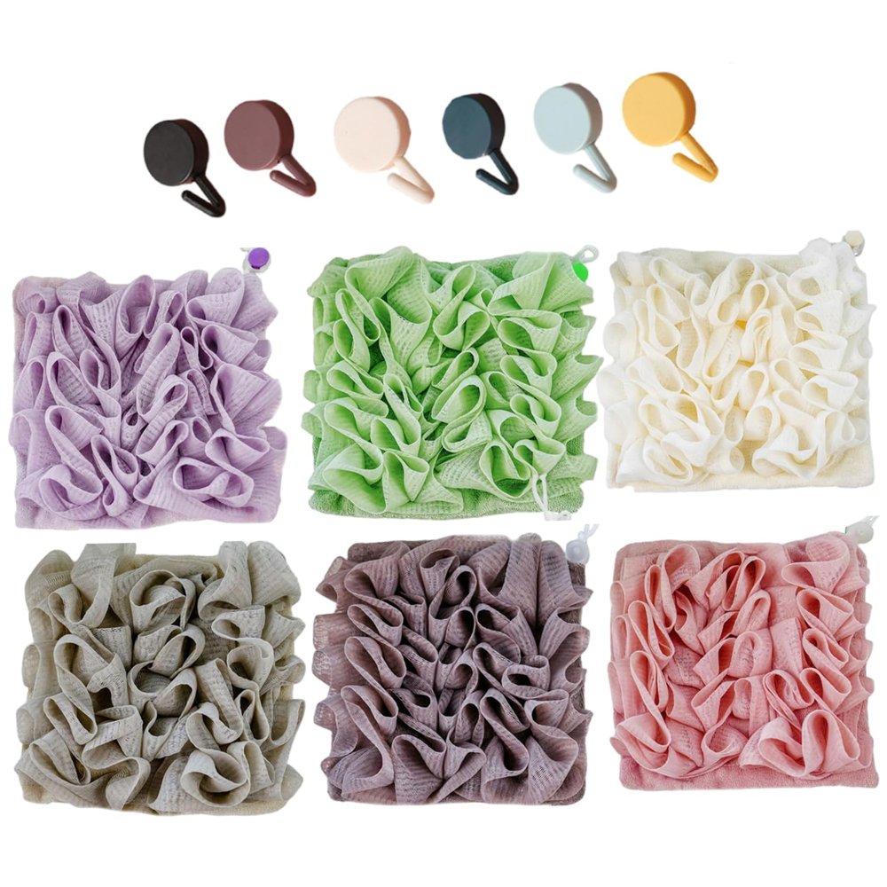 2-in-1 Loofah Washcloth, 6-Pack Exfoliating Bath Sponge with Soap Pouch for Cleansing