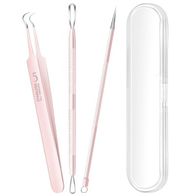 3PCS Pimple Extractor Acne Treatment Tool Professional Stainless Blackhead Comedone Removal Popper Tool for Face Nose Blackhead Extractor Tool (Pink)