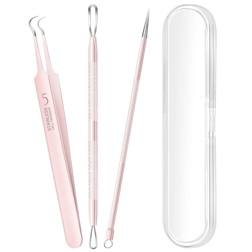 3PCS Pimple Extractor Acne Treatment Tool Professional Stainless Blackhead Comedone Removal Popper Tool for Face Nose Blackhead Extractor Tool (Pink)