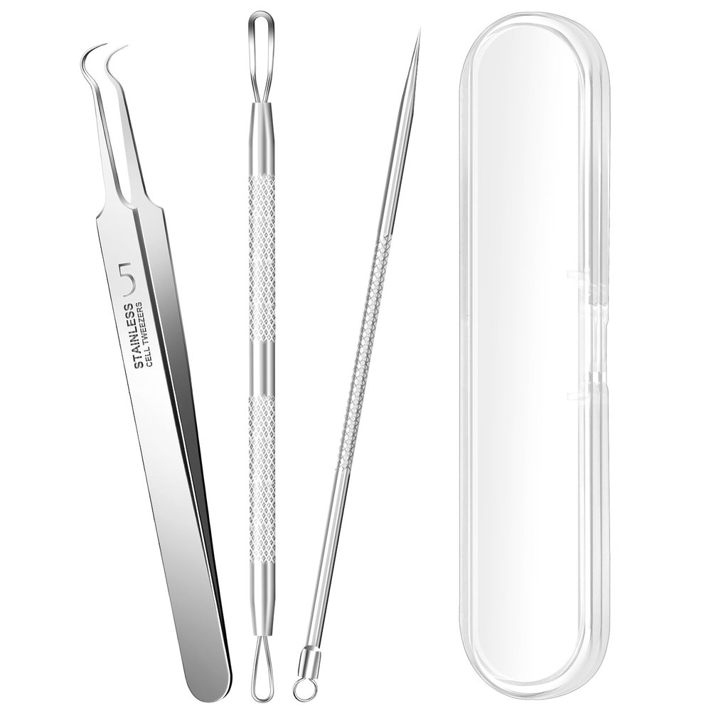 3PCS Pimple Extractor Acne Treatment Tool Professional Stainless Blackhead Comedone Removal Popper Tool for Face Nose Blackhead Extractor Tool (Silver)