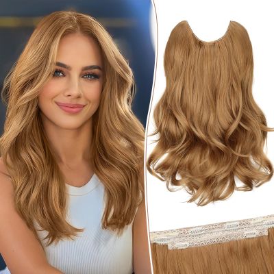 KooKaStyle Invisible Wire Hair Extensions Long Wavy Layered Synthetic Hair Extensions with Transparent Wire Adjustable Size 6 Secure Clips Strawberry Blonde Hairpieces for Women 16 Inch