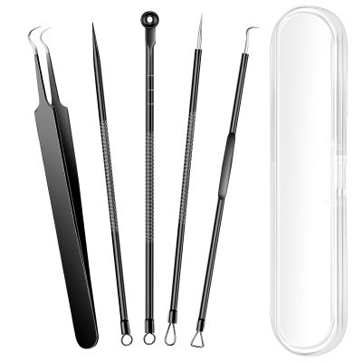 5PCS Blackhead Remover Pimple Popper Tool Kit, Professional Stainless Pimple Acne Blemish Removal Tools Kit for Face (Black)