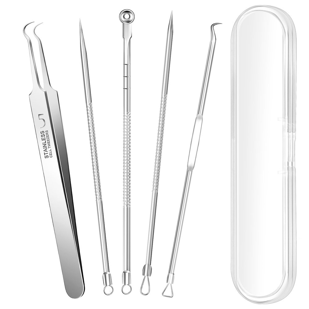 5PCS Blackhead Remover Pimple Popper Tool Kit, Professional Stainless Pimple Acne Blemish Removal Tools Kit for Face (Silver)