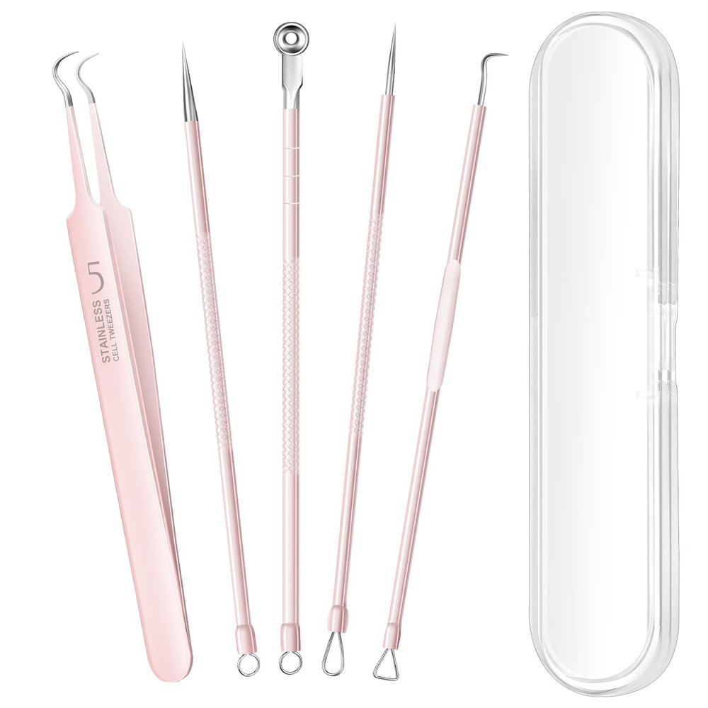 5PCS Blackhead Remover Pimple Popper Tool Kit, Professional Stainless Pimple Acne Blemish Removal Tools Kit for Face (Pink)