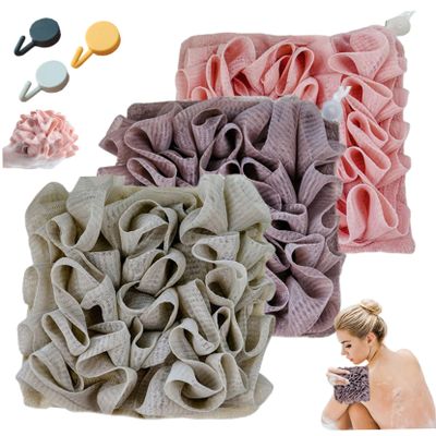 3-Pack Loofah Washcloth Set with Soap Pouch Exfoliating Bath Sponge with Drawstring Dual-Sided for Deepth Cleansing & Smooth Skin (3 Colors)