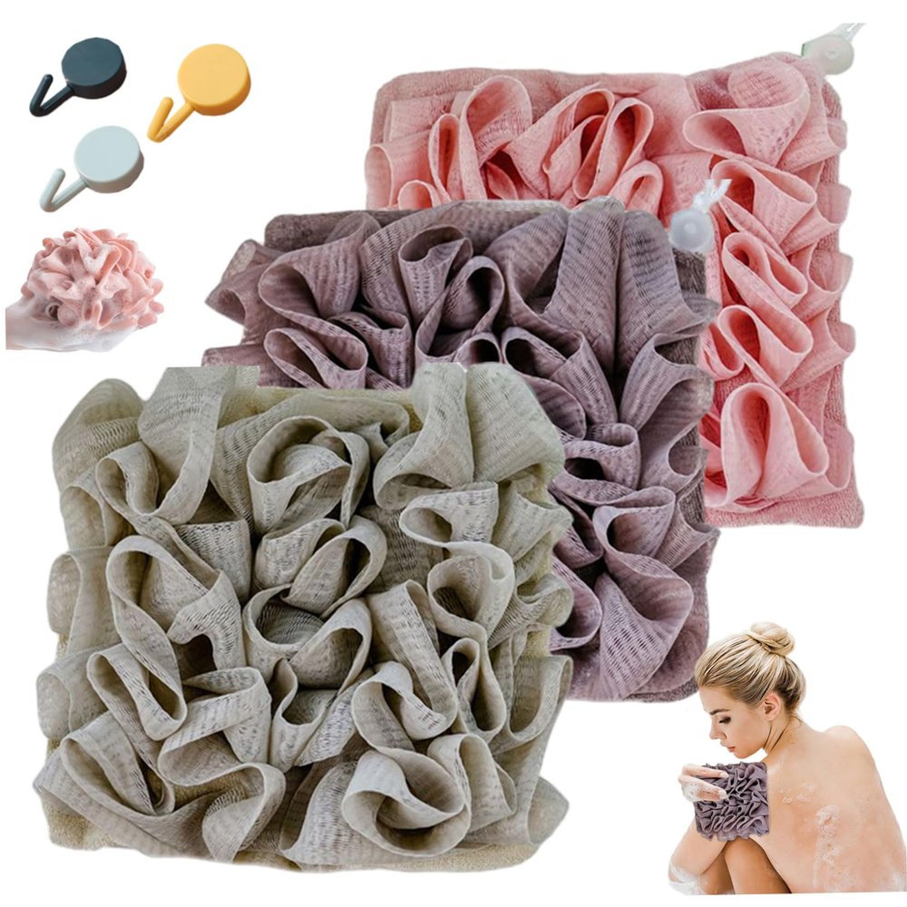 3-Pack Loofah Washcloth Set with Soap Pouch Exfoliating Bath Sponge with Drawstring Dual-Sided for Deepth Cleansing & Smooth Skin (3 Colors)