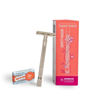 MERKUR 24 INOX Stainless Steel Safety Razor For Women with 10 Double Edge Blades | Extra Long Handle | Three-piece Razor | Straight Cut | Satin Matt Finish | Made in Germany