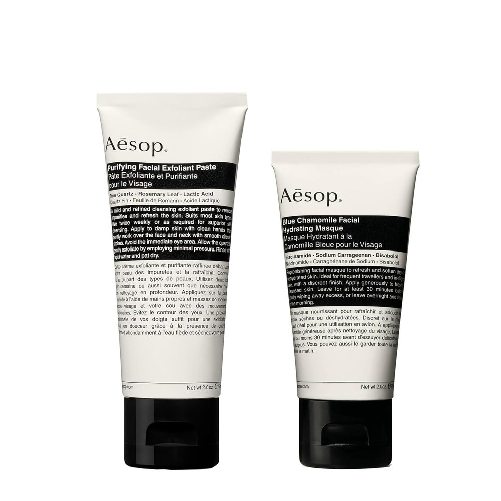 Aesop Exfoliating Set for Dehydrated and Dull Skin | Purifying Facial Exfoliant Paste & Blue Chamomile Facial Hydrating Mask | 2.6oz + 2oz