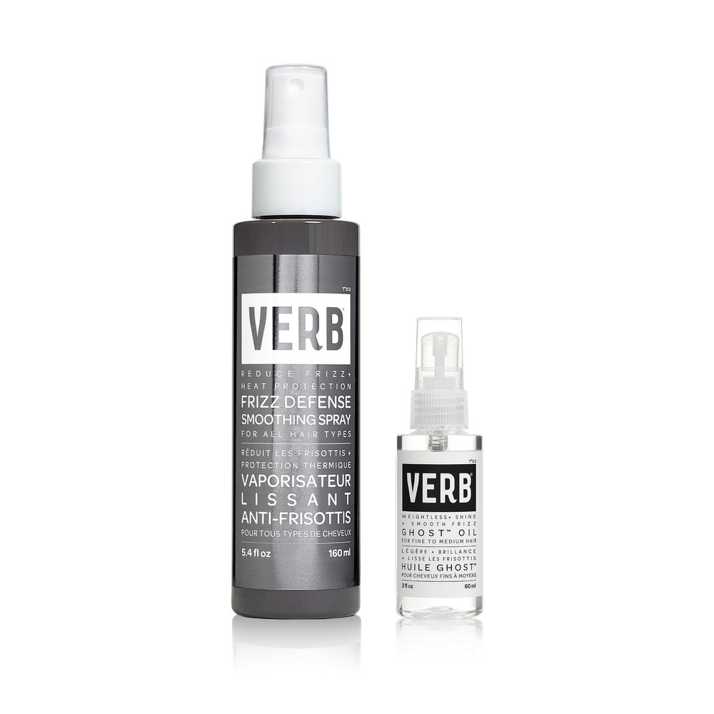 Bundle of VERB Ghost Oil, 2 fl oz- Weightless Hair Oil for Fine to Medium Hair  + VERB Frizz Defense Smoothing Spray, 5.4 fl oz  Anti-Frizz Shield + Heat Protection for Sleek Blowouts
