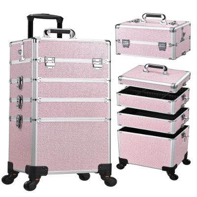 Costravio 5 in 1 Rolling Makeup Case on Wheels Large Cosmetology Case Organizer Beauty Cosmetic Train Case Travel Nail Cart for Make-up Studio Hair Salon, Pink Rhinestone