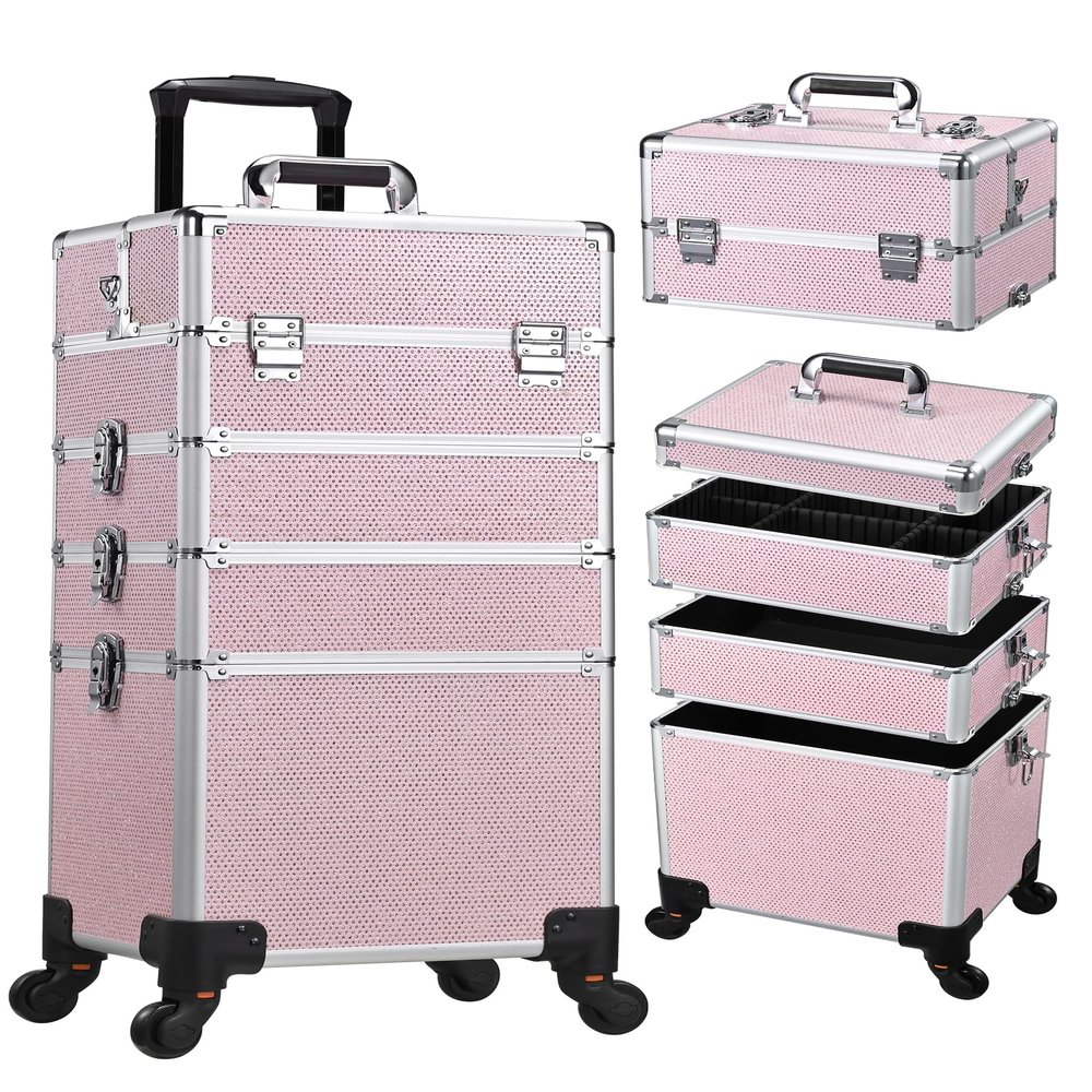 Costravio 5 in 1 Rolling Makeup Case on Wheels Large Cosmetology Case Organizer Beauty Cosmetic Train Case Travel Nail Cart for Make-up Studio Hair Salon, Pink Rhinestone