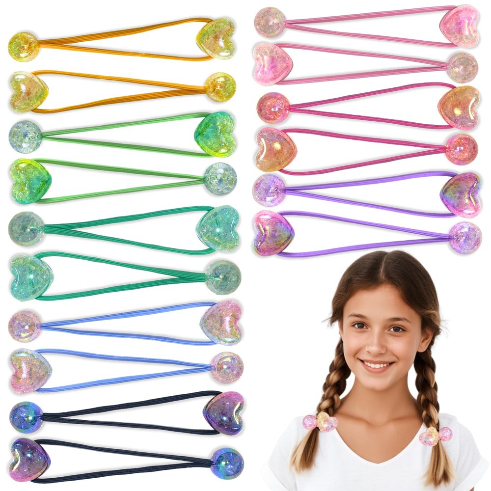 16PCS Ball Charm Hair Ties for Little Girls, Elastic Ponytail Holders with Heart & Balls, Colorful Hair Accessories for Women