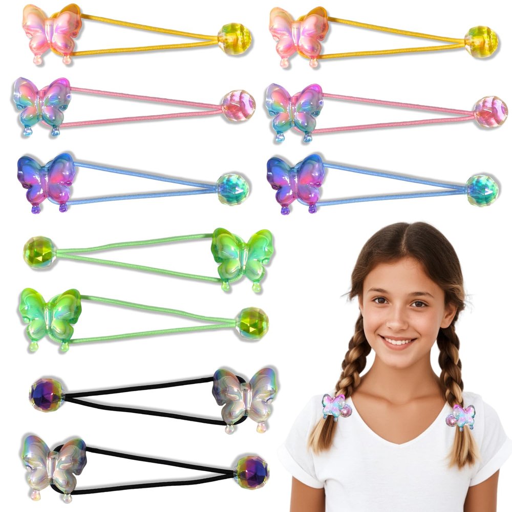 10PCS Ball Charm Hair Ties for Little Girls, Elastic Ponytail Holders with Butterfly & Balls, Colorful Hair Accessories for Thick
