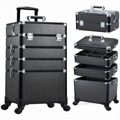 Costravio 5 in 1 Rolling Makeup Case on Wheels Large Cosmetology Case Organizer Beauty Cosmetic Train Case Travel Nail Cart for Make-up Studio Hair Salon, Black Rhinestone