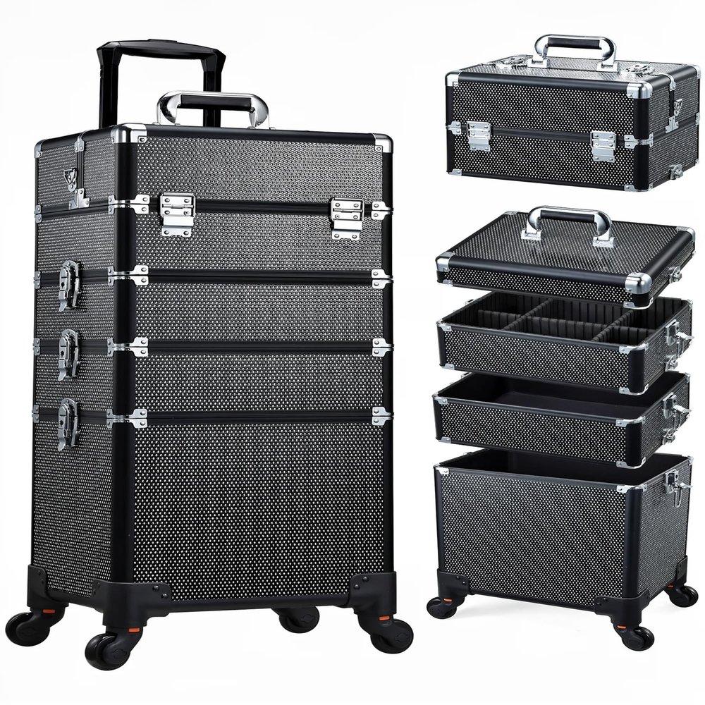 Costravio 5 in 1 Rolling Makeup Case on Wheels Large Cosmetology Case Organizer Beauty Cosmetic Train Case Travel Nail Cart for Make-up Studio Hair Salon, Black Rhinestone