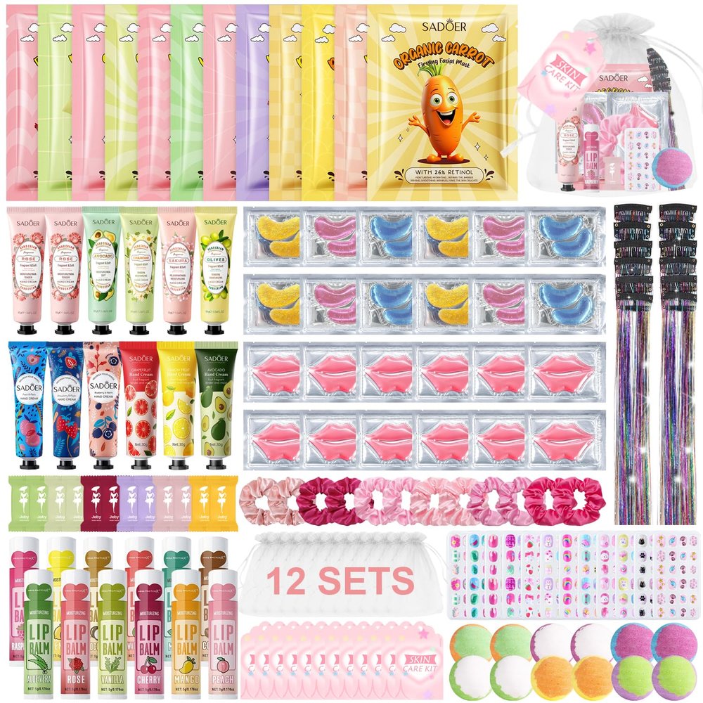 144 PCS Spa Party Supplies for Girls and Women, Favors Include Face Masks Skincare, Hand Cream, Lip Balm, Eye Mask, Lip Mask, Foot Bath Bombs, Hair Tinsel, Spa Birthday Sleepover Party Supplies