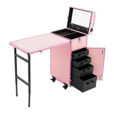 Dfmyhked Foldable Rolling Travel Nail Desk, Professional Rolling Cosmetic Trolley with 4 Drawers & Lock, Trolley Storage Organizer for Makeup Artists, Stylists (Pink)