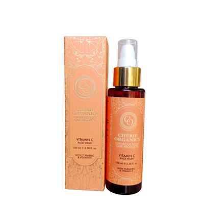 Cherie Organics Vitamin C Face Wash with Turmeric and Vitamin E, Natural Ingredients, Clear Liquid, 3.38 Fl Oz, for Daily Cleansing