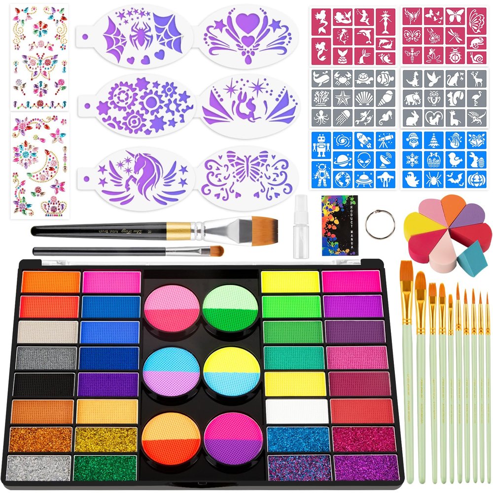 Face Painting Kit for Kids 44 Color Face painting Makeup Kit, Non-toxic Water Activated paint palette with Palette,Stencils, Brushes, Gems, Puff, for Kids Party Cosplay Halloween Christmas Carnival.