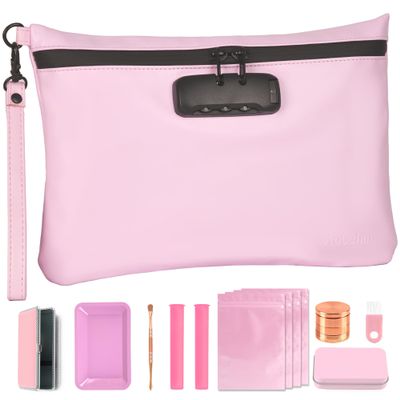 Aobelan PU Leather Gift Storage Pouch, Pink, Waterproof Travel Case with Combination Lock, Large Capacity Organizer Bag, 10.8x0.4x7.4 Inches
