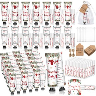 Dimsile 50 Sets 200 Pcs Christmas Santa Claus Baby Shower Gifts Bulk Hand Lotion and Lip Balm Gift Party Favors Travel Size Hand Lotion and Lip Balm with Organza Bags Tags