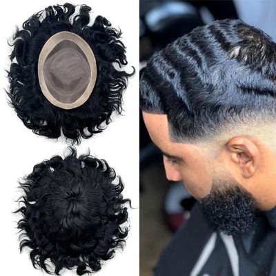 Healthlif Afro Curl Toupee for Black Men Hair Units Fine Mono Mens Weaves Toupees Kinky Curly Hair Replacement Systems for African American Mens Hairpieces (#1B Off Black, 8''X10''-25MM Afro Wave)