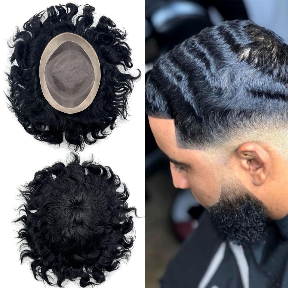 Healthlif Afro Curl Toupee for Black Men Hair Units Fine Mono Mens Weaves Toupees Kinky Curly Hair Replacement Systems for African American Mens Hairpieces (#1B Off Black, 8''X10''-25MM Afro Wave)