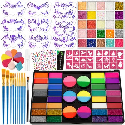 69 Colors Face Painting Kit for Kids - Non-toxic water-activated paint palette with glitter makeup palette, stencils, brushes, Gems, puff. for Kids Party Cosplay Halloween Christmas Carnival.