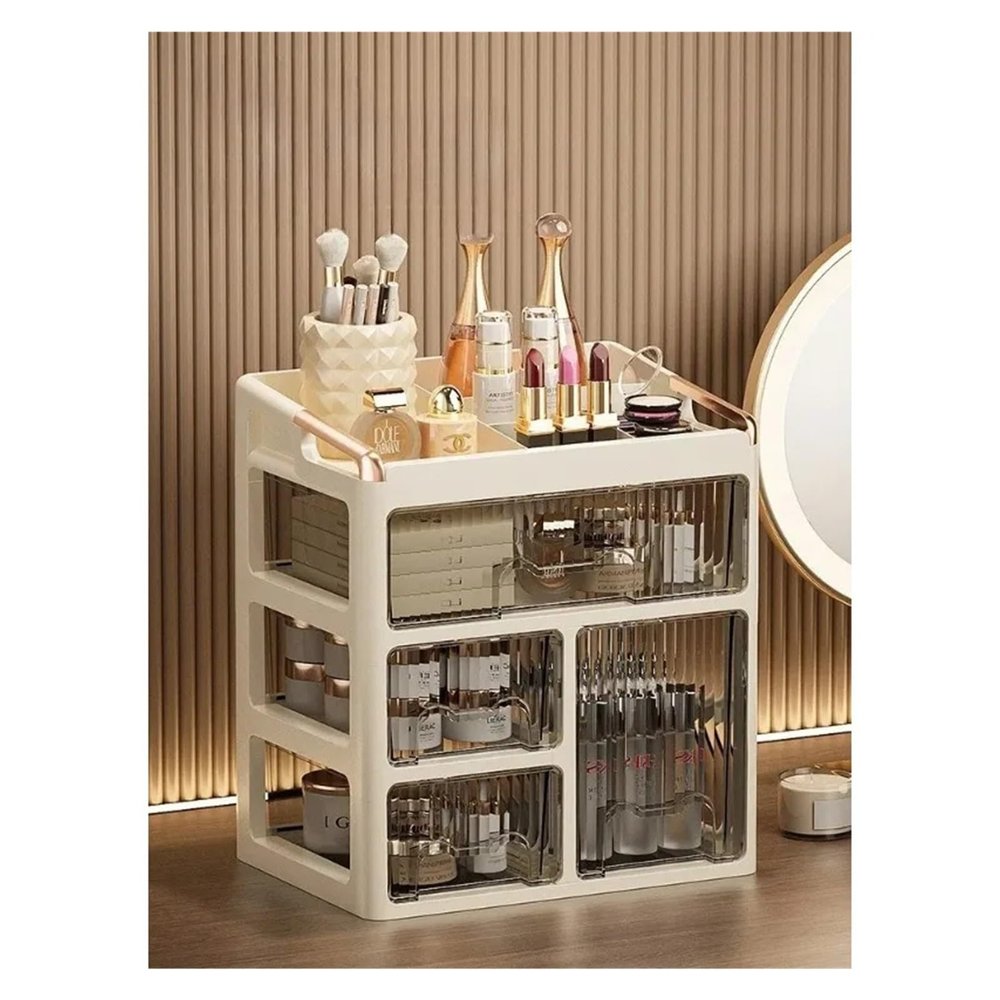 3-Layer Minimalist High-End Cosmetics Storage Box - Desktop Skincare Drawer Organizer for Washbasin Storage Rack(6-Beige)