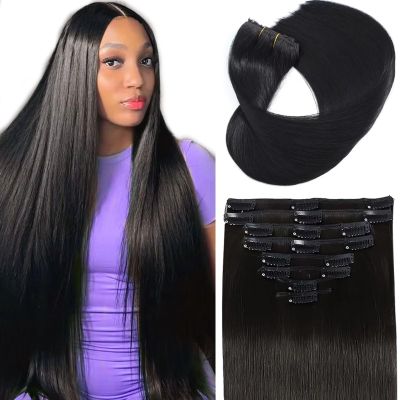 Natural Black Seamless Clip in Hair Extensions Real Human Hair 22inch Clip ins Human Hair Extensions Straight Clips in 100% Clip in Extensions Human Hair for Women 8pcs Double Weft