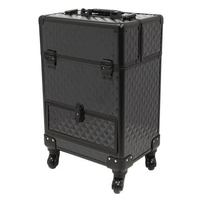 RTUSUML Professional Rolling Makeup Case, Lockable Rolling Makeup Case w/4 Retractable Trays Aluminum Cosmetic Train Case with 2 Drawers & 4 Wheels for Travel, Nail Tech, Hairstylist (Black)