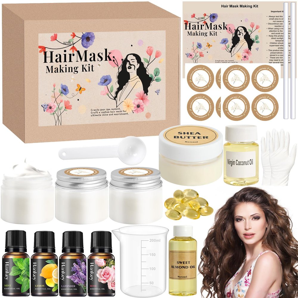 JUYRLE Hair Mask Making Kit- DIY Hair Mask for Damaged Hair, Make Your Own Hair Conditioner with Shea Butter Sweet Almond Oil Keratin Treatment Conditioner, Hydrating & Repairing Hair Gifts for Women