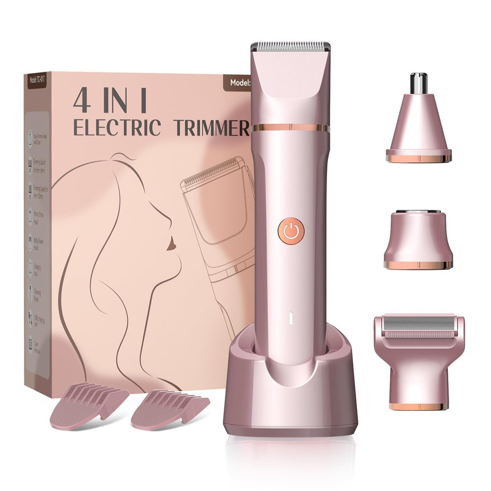 Bikini Trimmer for Women Pubic Hair - 4 in 1 Electric Razors with Replaceable Heads for Face & Nose, Rechargeable Body Hair Electric Shaver for Women, IPX7 Waterproof Bikini Shaver (Rose Gold)
