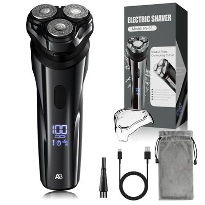ABGAB Electric Rechargeable Shaver for Men,Wet & Dry Electric Razor, IPX7 Waterproof Rotary Shaver for Men,4D Floating Head, LED Display,Type-C, Travel-Friendly, Black