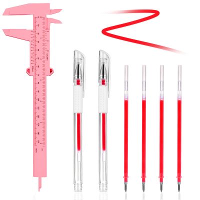 2 Pcs Eyebrow Mapping Pen, Microblading Brow Mapping Pen with 4 Replacement Refills and 1 Pink Ruler, Red Eyebrow Pencil for Women, Makeup Skin Tattoo Marker for Brow Lip Permanent Makeup(Red)