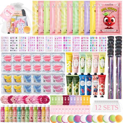 144 Pcs Spa Party Decorations for Girls, Spa Birthday Party Supplies Include Face Masks Skincare, Hand Cream, Lip Balm, Under Eye Patches, Lip Mask, Foot Bath Bombs, Press-on Nails and Hair Tinsel