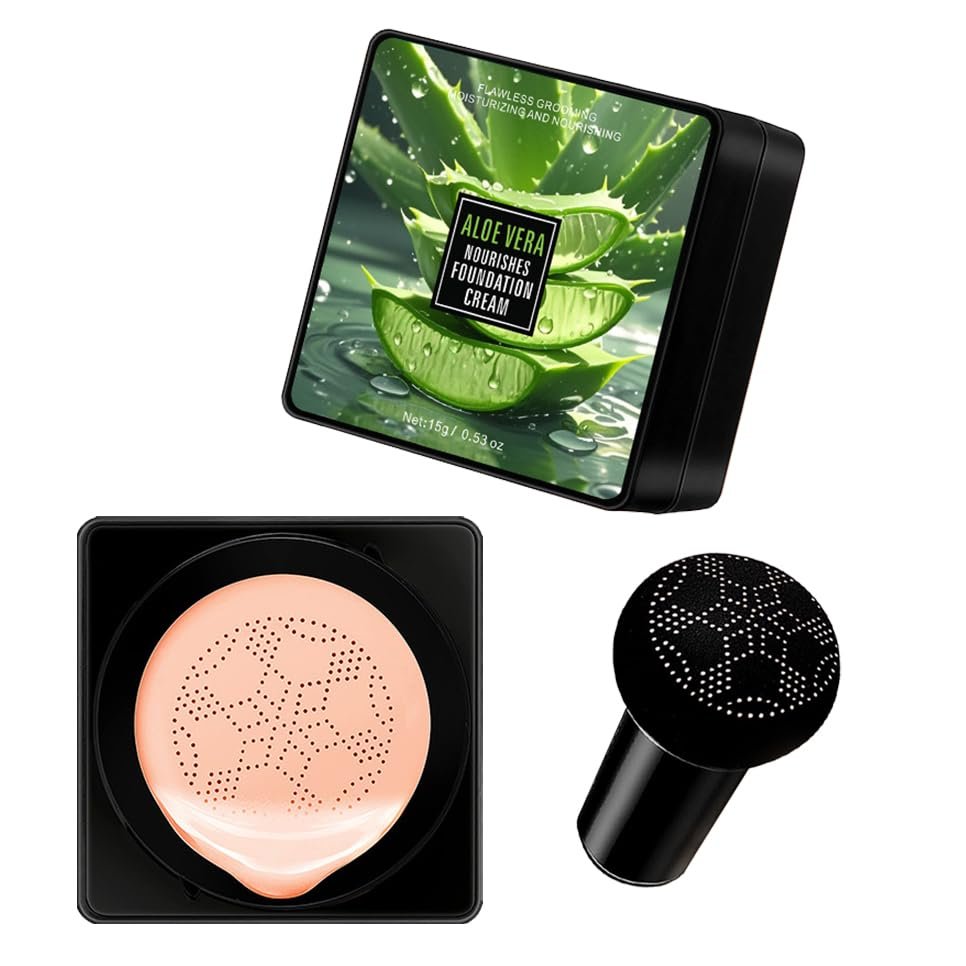 Aloe Vera Nourishing Foundation Cream, 2 Colors Optional (Natural & Ivory) with Mushroom Puff, Long-Lasting Matte Finish, Full Coverage for Oily & Dry Skin, Sweat-Proof & Non-Caking (01#Natural)