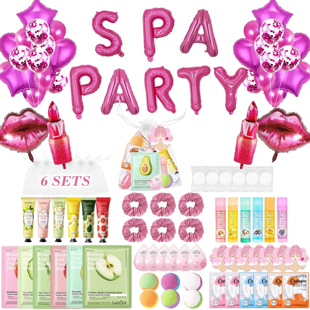 100PCS Spa Party Supplies with Decorations Balloons for Girl,Include Balloons Face Masks Skincare, Lip Balm, Under Eye Patches, Foot Bath Bomb, Birthday Sleepover Supplies Party Kit for Women Gift Set