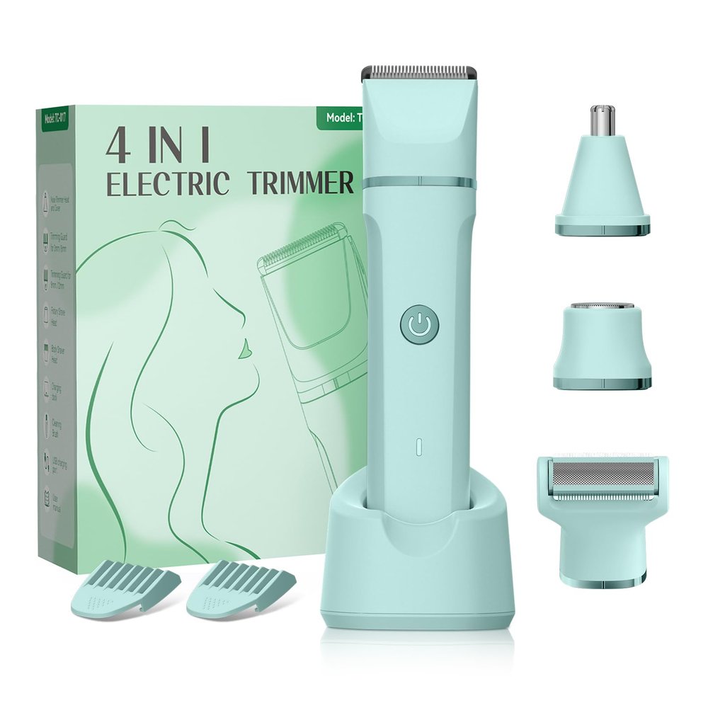 4 in 1 Electric Bikini Trimmer for Women - Wet/Dry Electric Razors for Women, Shaver with Ceramic Blades, Pubic Hair Trimmer, Facial Hair Remover & Nose Trimmer, Gifts (Green)