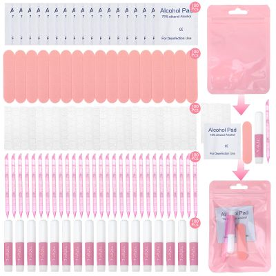 100 Pcs Pink Press On Nail Tool Kit for Business - Prep Application Disposable Kit with File, Glue, Prep Pads, Adhesive Tabs, Wood Stick, Holographic Bag