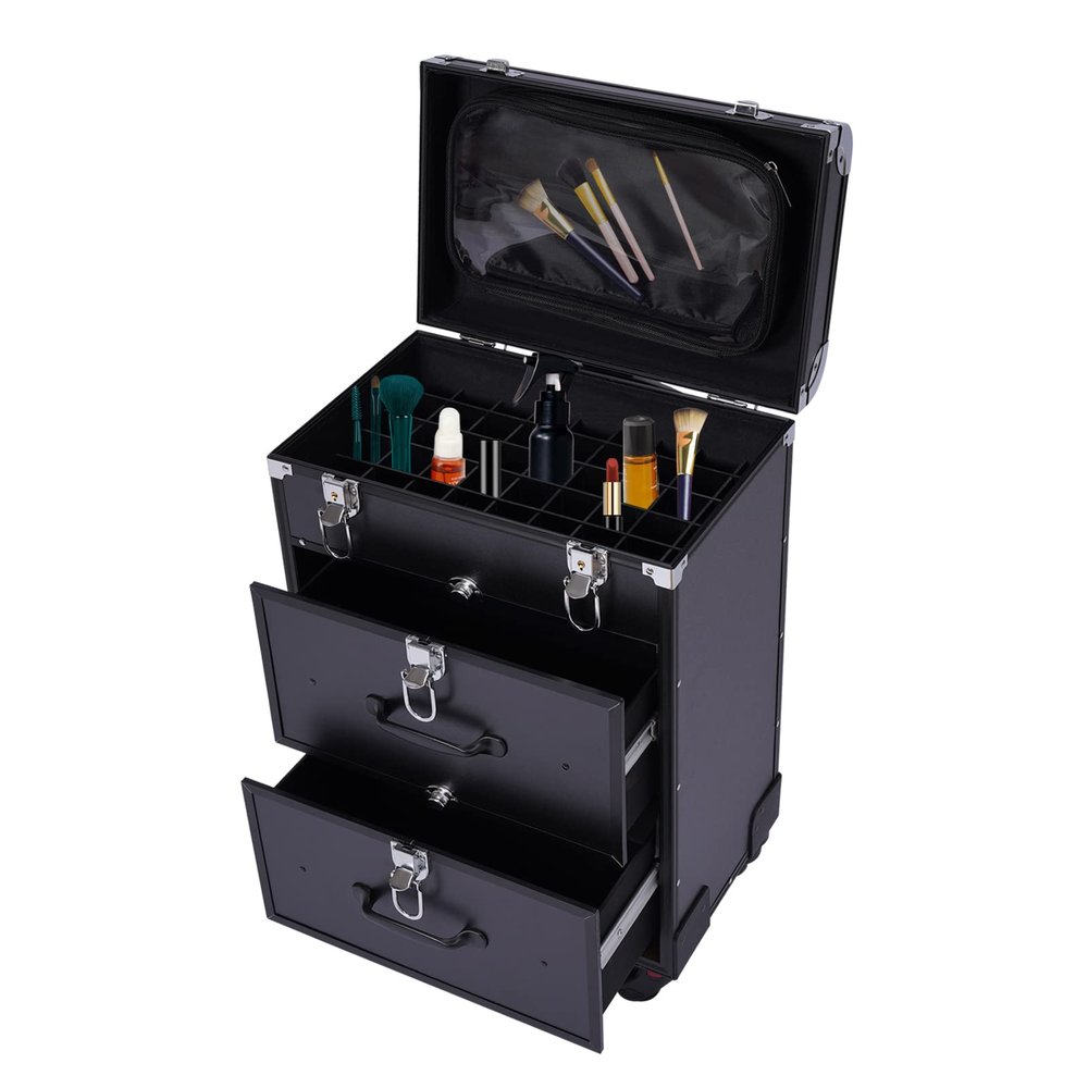 TFCFL Professional Makeup Case with 40 Compartments, Rolling Cosmetic Organizer with Drawers & Detachable Bag, Lockable Beauty Storage Box for Hairdressers, Pet Beauticians, Makeup Artists, (Black)