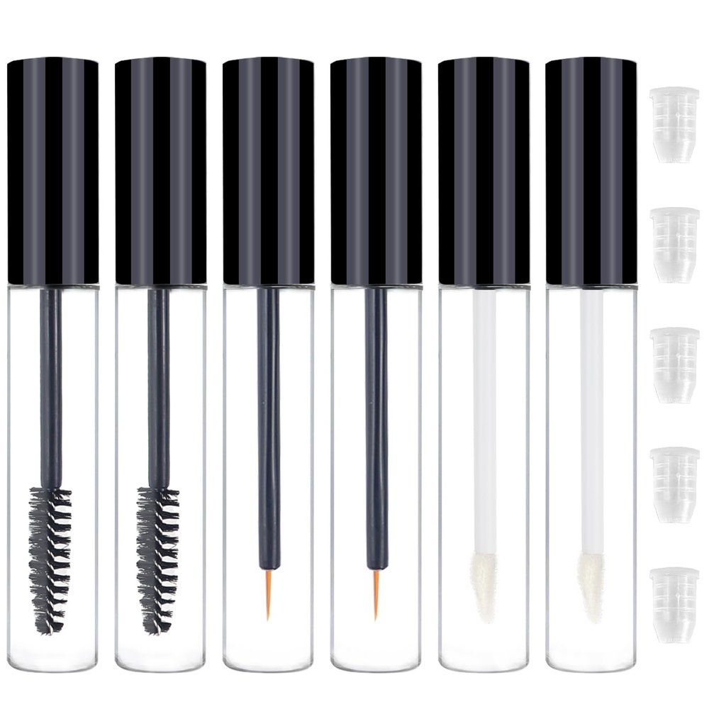 6PCS 10ml Empty Mascara Tubes,Empty Eyeliner Tube and Empty Lip Gloss Tubes,with Rubber Inserts - Ideal for DIY CosmeticsTravel and Daily Use(Black)